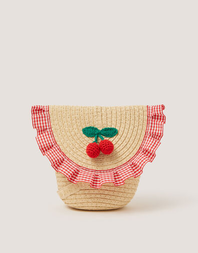Cherry Gingham Straw Bag, , large