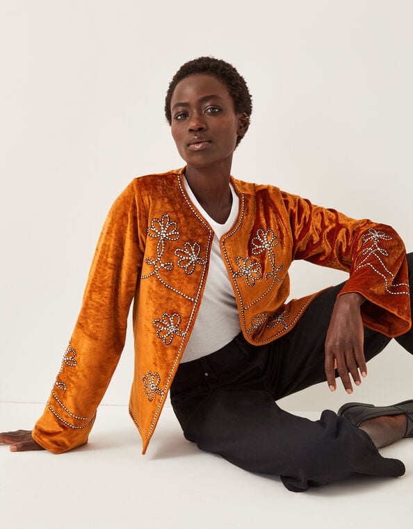 Venus Embroidered Velvet Jacket, Orange (ORANGE), large