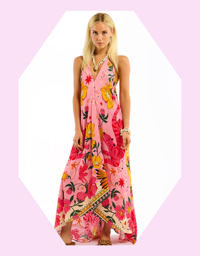 Wild Voila Tiger Print Backless Maxi Dress , Pink (PINK), large
