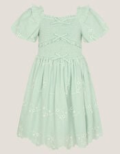 Embroidered Puff Sleeve Smocked Dress, Green (GREEN), large
