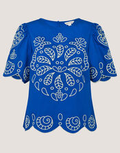 Keira Short Sleeve Embroidered Top, Blue (COBALT), large
