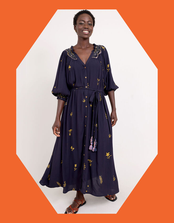 East Miranda Belted Long Sleeve Midi Dress, Blue (NAVY), large