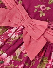 Floral Bow Long Sleeve Dress, Red (BURGUNDY), large