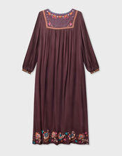 East Eliana Embroidered Long Sleeve Midi Dress, Brown (BROWN), large