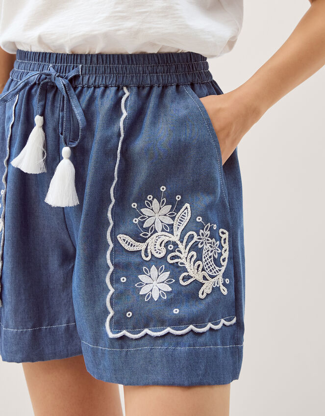Isla Embroidered Denim Shorts, Blue (DENIM BLUE), large