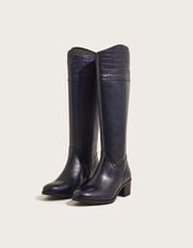 Croc Detail Leather Riding Boots, Blue (NAVY), large