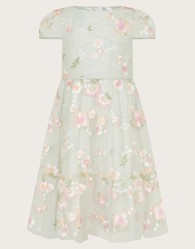 Magdalena Floral Embroidered Tulle Dress, Green (SAGE), large