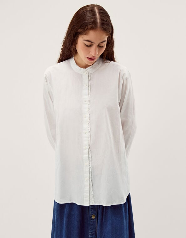 Paige Frill Poplin Shirt, White (WHITE), large
