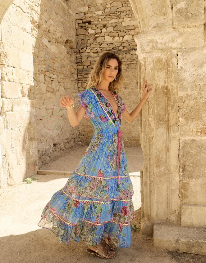 Piti Cuiti Paisley Print Tiered Maxi Dress, Blue (BLUE), large