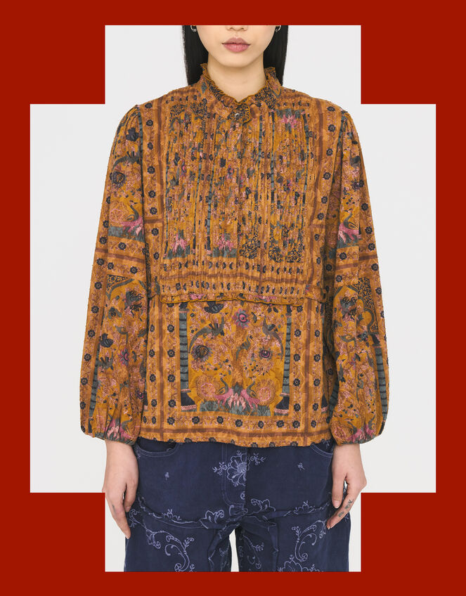 Antik Batik Pie Printed Jacquard Blouse, Camel (CAMEL), large