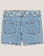 Floral Embroidered Belted Denim Shorts, Blue (BLUE), large