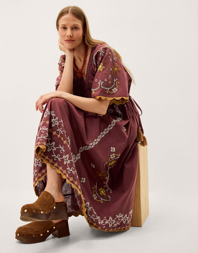 Greta Short Sleeve Embroidered Midi Dress, Brown (BROWN), large