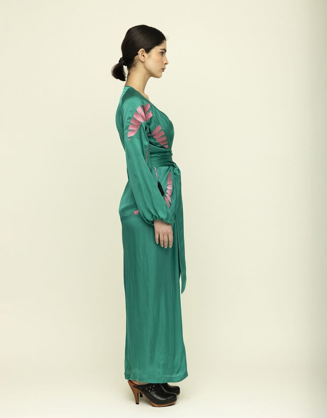 Tallulah & Hope Aziza Long Embroidered Wrap Dress, Green (GREEN), large