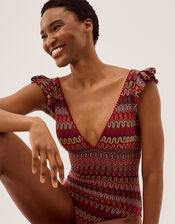 Zaria Plunge Crochet Ruffle Swimsuit, Red (BURGUNDY), large