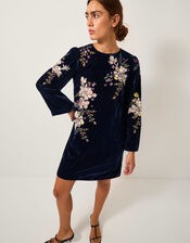 Fallon Floral Embroidered Velvet Mini Dress, Blue (NAVY), large