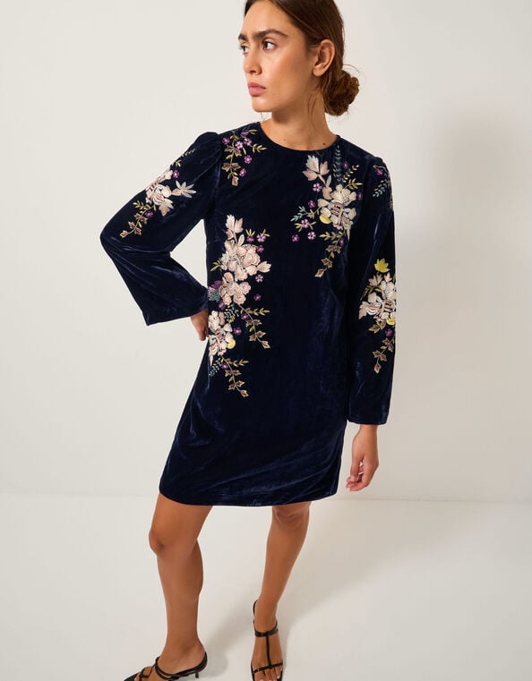 Fallon Floral Embroidered Velvet Mini Dress, Blue (NAVY), large