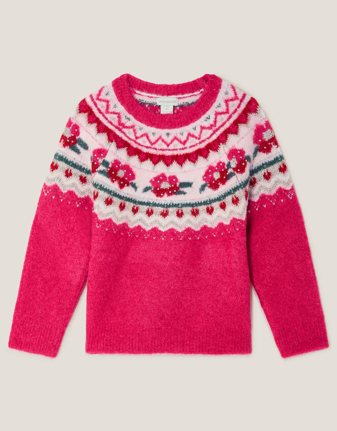 Rhinestone Floral Fair Isle Jumper, Pink (PINK), large