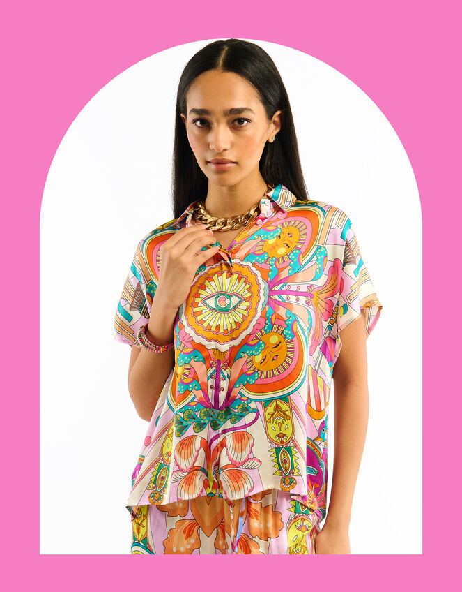 Wild Hisae Print Short Sleeve Shirt, Pink (PINK), large