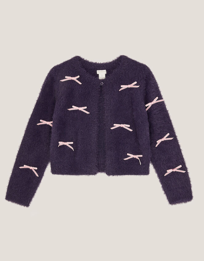 Bow Embellished Fuzzy Cardigan, Blue (NAVY), large
