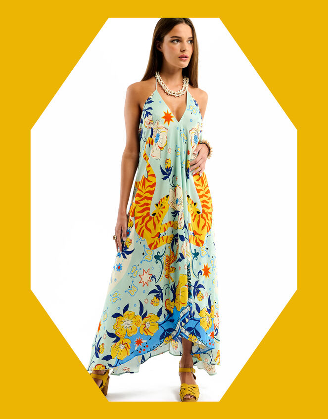 Wild Voila Tiger Print Backless Maxi Dress , Blue (BLUE), large