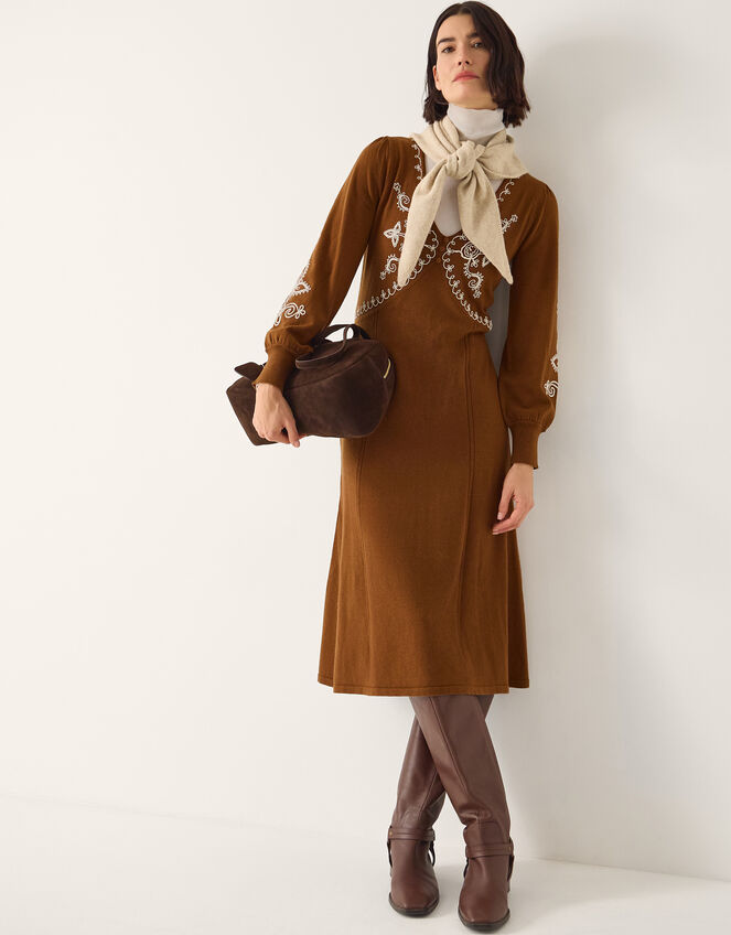 Cleo V-Neck Embroidered Knit Midi Dress, Orange (RUST), large