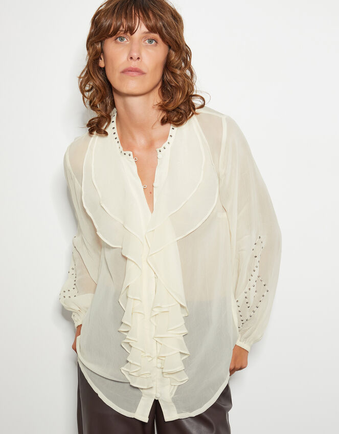 Saskia Stud Ruffle Blouse, Ivory (IVORY), large