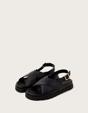 Leather Cross-Over Strap Sandals, Black (BLACK), large