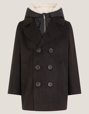 Zip Through Hooded Peacoat, Black (BLACK), large