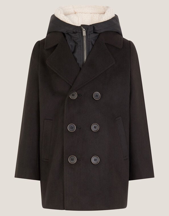 Zip Through Hooded Peacoat, Black (BLACK), large