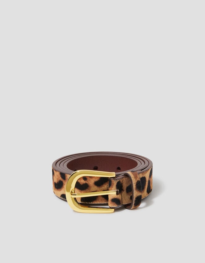 Leopard Print Leather Belt, Natural (NEUTRAL), large
