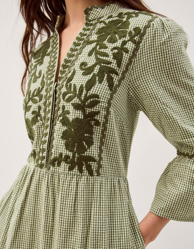 Gaia Embroidered Gingham Midi Dress, Green (GREEN), large