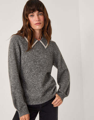 Caryn Embellished Collar Jumper, Grey (GREY), large