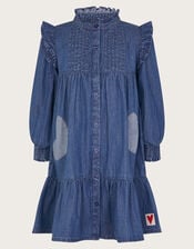 Long Sleeve Ruffle Heart Denim Dress, Blue (BLUE), large