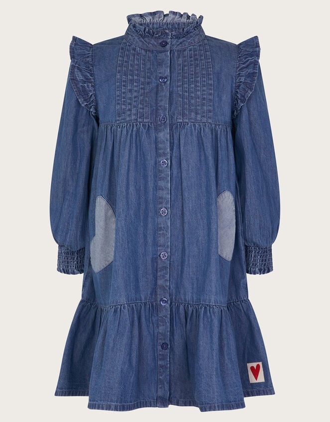 Long Sleeve Ruffle Heart Denim Dress, Blue (BLUE), large