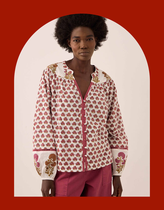 East Karmen Hand Woodblock Blouse, Pink (PINK), large