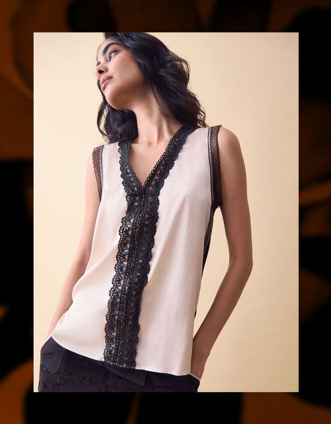 Clemence Coralie Sleeveless Lace Trim Top, Ivory (IVORY), large