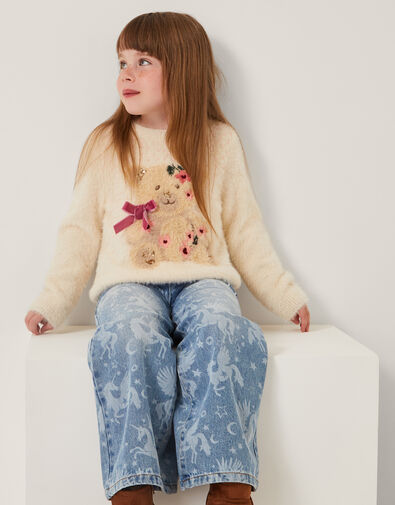Bear Embellished Fuzzy Jumper, Ivory (IVORY), large