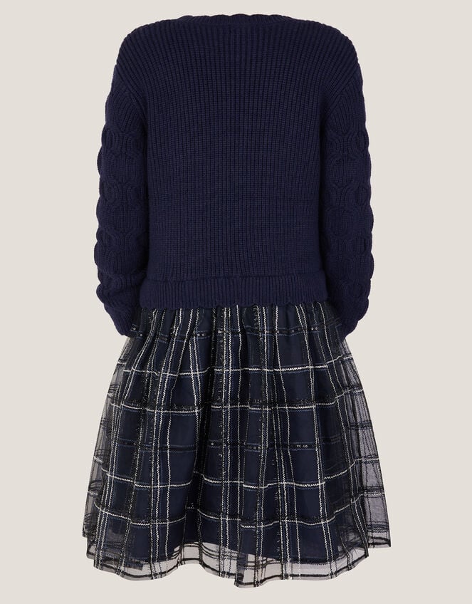 Bow Knit 2-in-1 Check Dress, Blue (NAVY), large