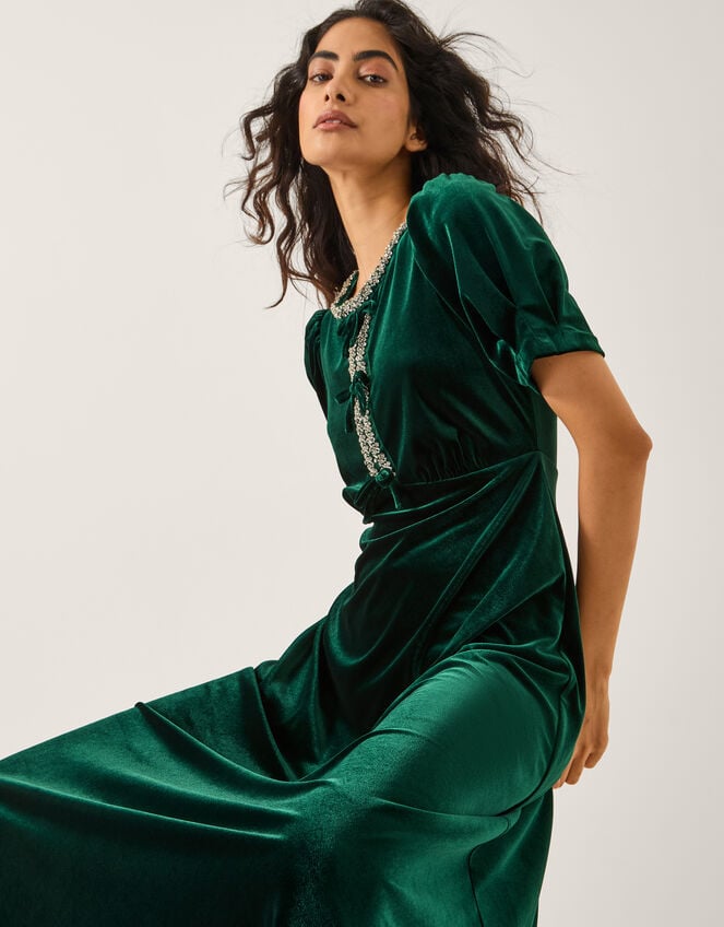 Celeste Embellished Bow Velvet Midi Dress, Green (DARK GREEN), large