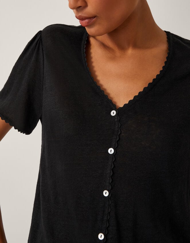 Imogen Button-Front Linen T-Shirt, Black (BLACK), large