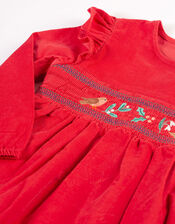 Frugi Ruffle Embroidered Christmas Dress, Red (RED), large