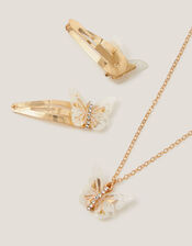 Diamanté Butterfly Necklace and Hair Clip Set, , large