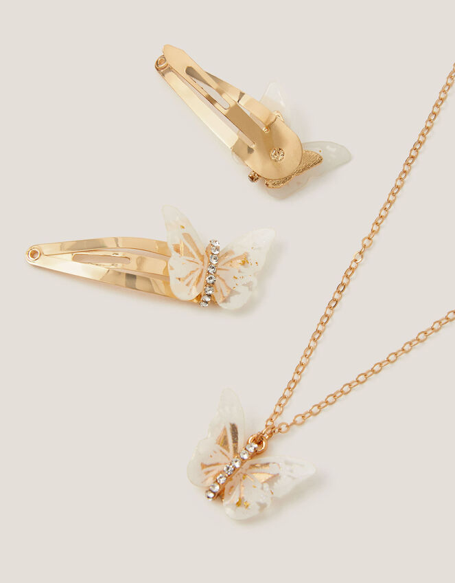 Diamanté Butterfly Necklace and Hair Clip Set, , large