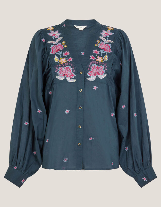 Bria Embroidered Blouson Blouse, Blue (BLUE), large