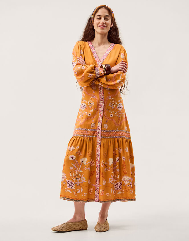 Samara Floral Print Midi Dress, Yellow (OCHRE), large