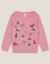 Embellished Fuzzy Christmas Jumper, Pink (PINK), large