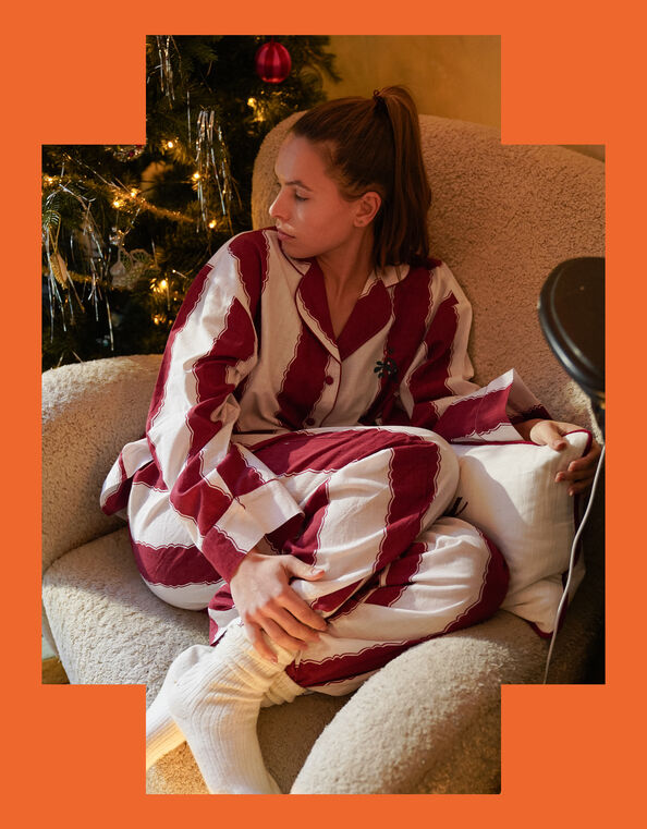 Anna + Nina Merry Hangover Stripe Long Pyjamas Set, Red (RED), large