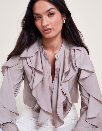Lola Satin Ruffle Blouse, Mink (MINK), large