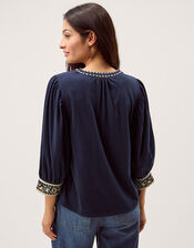 Emi Embroidered Cotton Jersey Top, Blue (NAVY), large