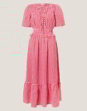 Mel Puff Sleeve Gingham Midi Dress, Red (RED), large